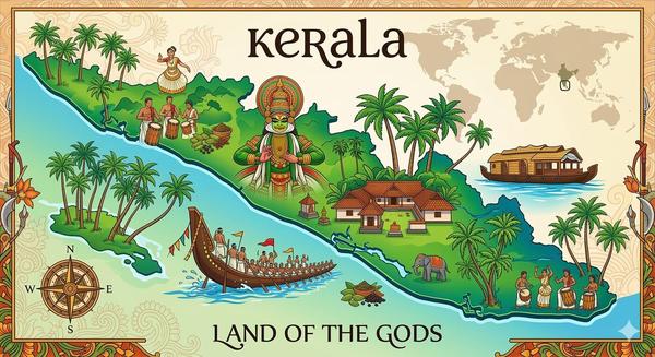 Kerala – Land of the Gods – Illustrated map with Kathakali, houseboat, snake boat, and cultural landmarks