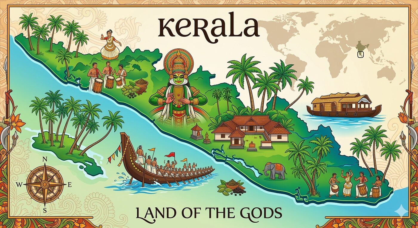 Kerala – Land of the Gods – Illustrated map with Kathakali, houseboat, snake boat, and cultural landmarks